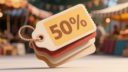 Sale tag with 50 percent discount on the background of a fair