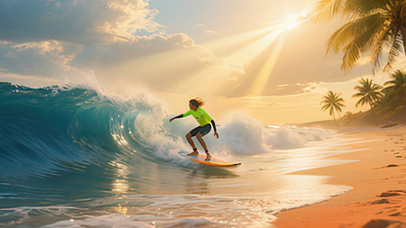 Surfer on the ocean wave at sunset. 3D Renderingの写真素材