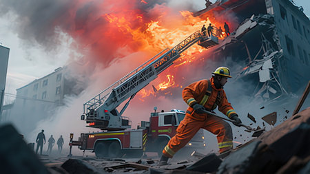 Firefighters fighting a fire in a burning building. 3d rendering