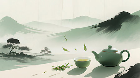 Tea ceremony in the mountains. 3D illustration. Vintage style.の写真素材