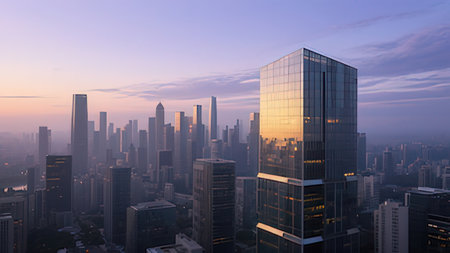 Aerial view of modern skyscrapers at sunset. Skyscrapers and high-rise buildings in the city.