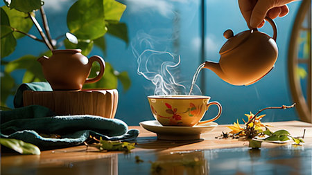 Cup of tea with teapot on the wooden table.の写真素材