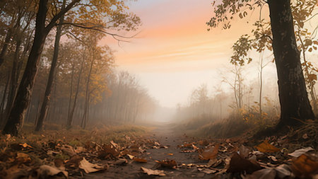 Autumn landscape with foggy forest and fallen leaves at sunrise.