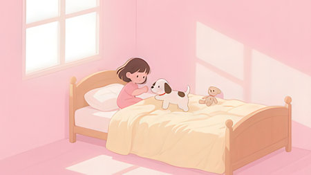 Cute little girl playing with her dog in the bedroom. Vector illustration.の写真素材