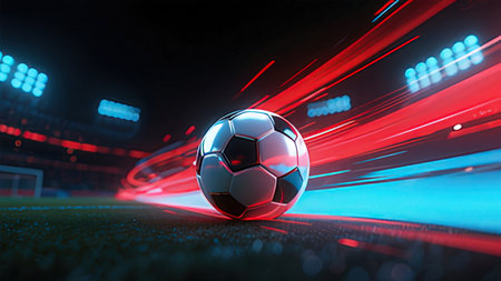 Soccer ball on the field. 3D rendering. Neon lights.の写真素材