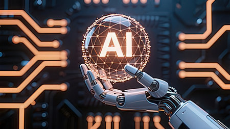 Robot hand holding artificial intelligence AI symbol on circuit board background 3D renderingの写真素材