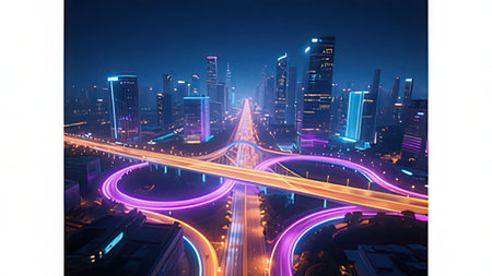 night scene of modern city with highway and road, 3d renderingの写真素材