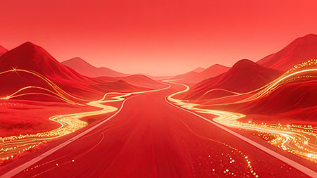 3d rendering of a road with neon lights in the background.の写真素材