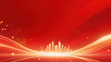 abstract red background with city and light rays. Vector illustration.の写真素材