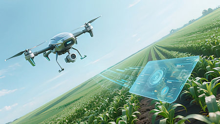 Drone quadcopter flying over agricultural field. 3D rendering