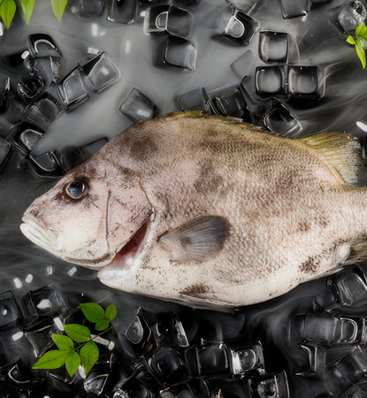 Fresh fish with ice cubes on black background. Top view, flat lay