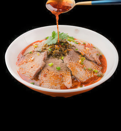 Chinese Cuisine - Roast Pork with Red Sauce on Black Background