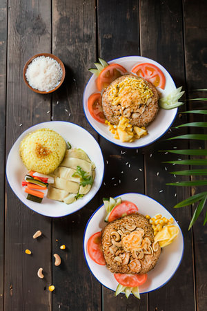 Thai style fried rice with vegetables on wooden background.