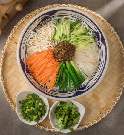 Rice noodles with vegetables in a bowl on the table, top view