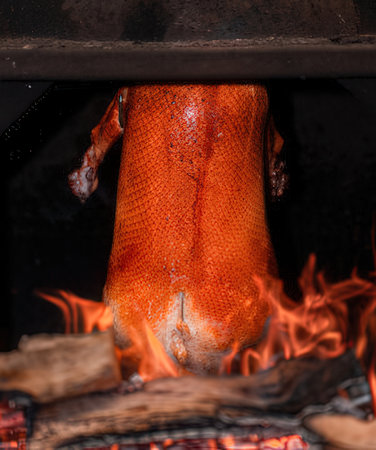 roast duck in the oven on the fire, detail of the meatの写真素材