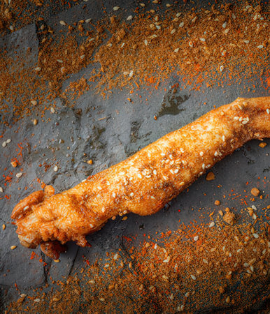 fried chicken leg with spices on a black background, top view.