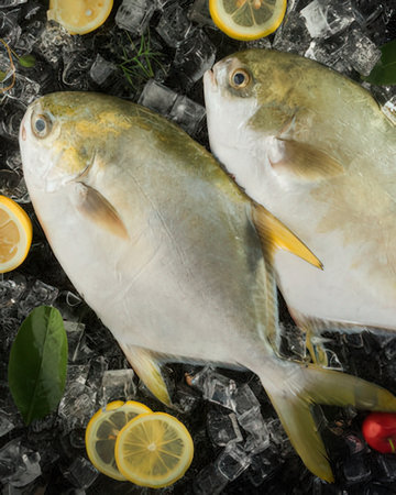 Fresh fish on ice with lemon, top view, close-upの写真素材