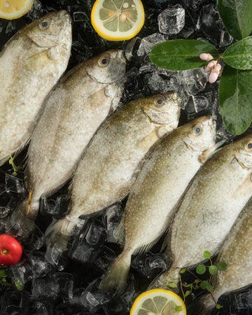 Fresh fish on ice with lemon and herbs, top view, closeupの写真素材
