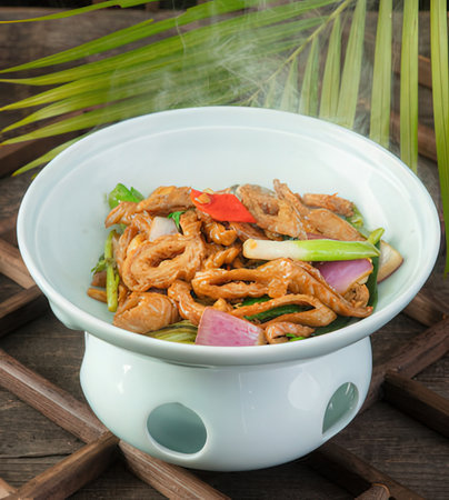 Stir-fried pork with vegetables.の写真素材