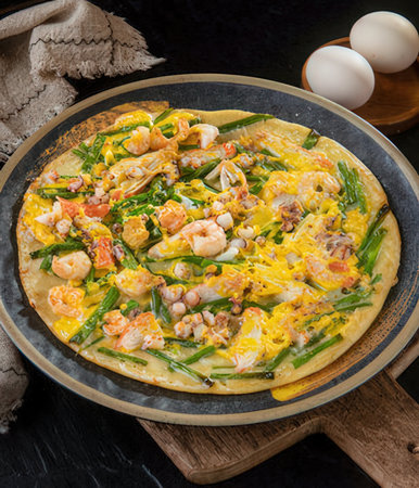 Thai style omelette with shrimp, asparagus and vegetablesの写真素材