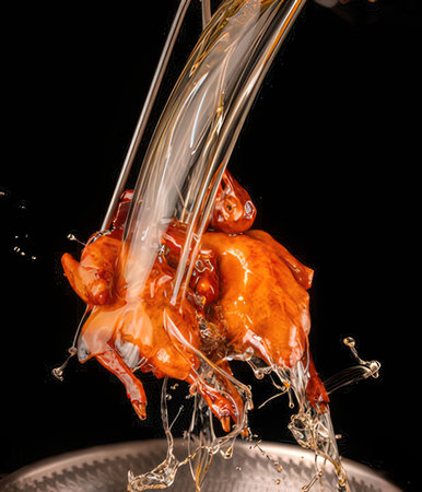 Falling drops of water on a chicken wing, isolated on black backgroundの写真素材