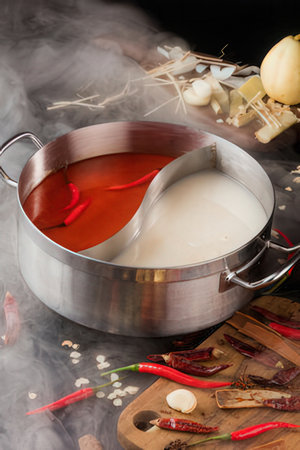 Cooking pot with hot soup and ingredients on black background, closeupの写真素材