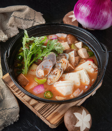 Traditional miso soup with tofu and shiitake mushroomsの写真素材