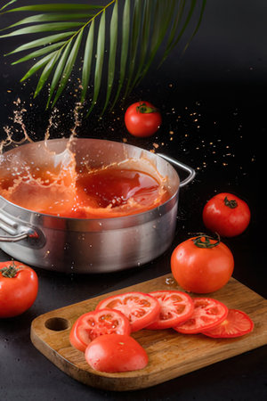 tomato sauce splashing in a pot with fresh tomatoes on a black backgroundの写真素材