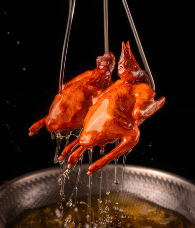 Falling drops of water on a chicken wing isolated on black backgroundの写真素材