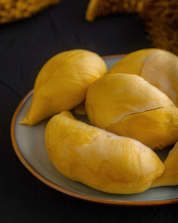 Fresh durian fruit on black background. Durian is a king of fruits.の写真素材