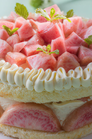Strawberry cake on white plate - Selective focus point.の写真素材