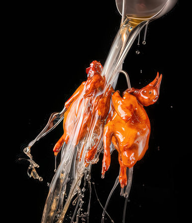 Water splash with flying red hot chili peppers.の写真素材