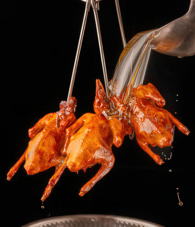 Fried chicken in oil on a black background, close-upの写真素材