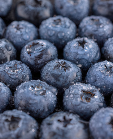 Fresh blueberries with water droplets close up. Macro shot.