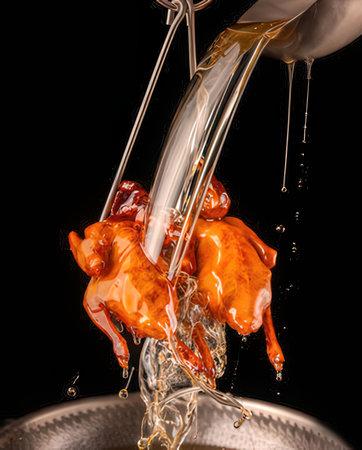 Pouring water from a jug into a piece of chicken on a black backgroundの写真素材