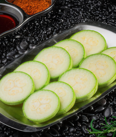 Zucchini slices on black pebbles with spices and herbsの写真素材