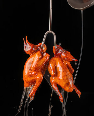Flaming chicken on a black background, close-up.の写真素材