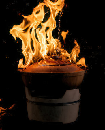Cooking pot on fire isolated on black background with clipping path.の写真素材