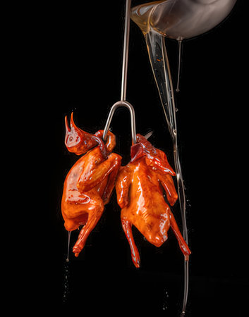 Two hot chili peppers on a black background. Shallow depth of field.の写真素材