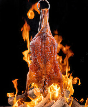 Grilled chicken on fire, isolated on black background, studio shotの写真素材