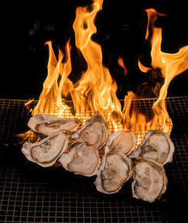 Fresh oysters on a barbecue grill with flames on a black backgroundの写真素材