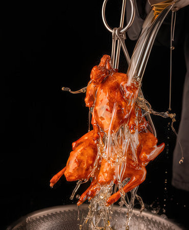 roasted chicken on a black background with splashes of water.の写真素材