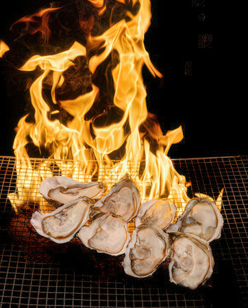 Fresh oysters on a grill with flames on a black background.