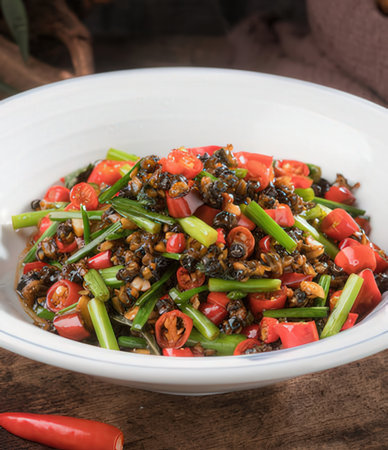Stir-fried spring onion with chili,Thai food styleの写真素材