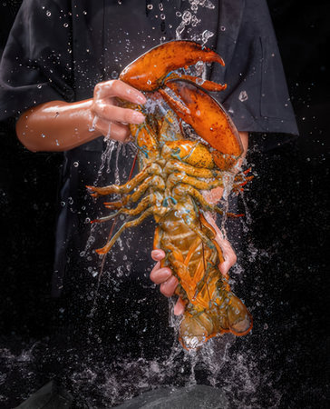 lobster in the hands of a chef on a black backgroundの写真素材