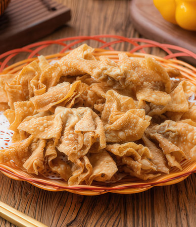 Thai crispy wonton in basket on wooden table, Thai foodの写真素材