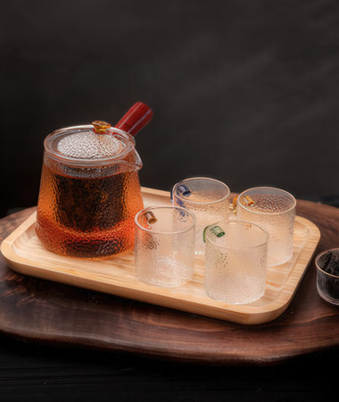 glass of black tea with ice cubes on a wooden tray, black backgroundの写真素材