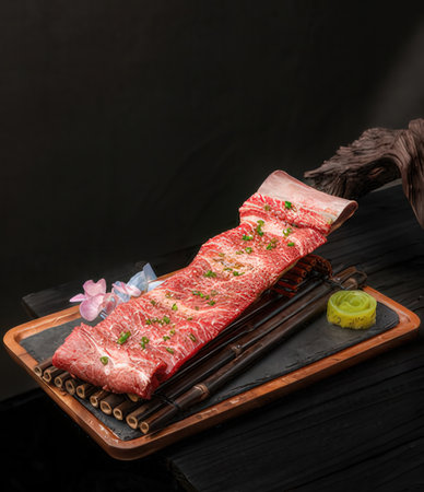 Raw fresh beef on wooden plate with chopsticks. Black background.の写真素材