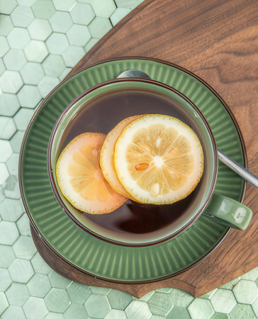 Cup of tea with lemon slices on a wooden table, top viewの写真素材