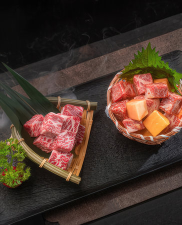 Raw fresh beef sashimi in bamboo basket on black stone backgroundの写真素材